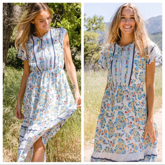 34 Boho Chic Floral Short Sleeve Midi Peasant Dress - Picture 3 of 4
